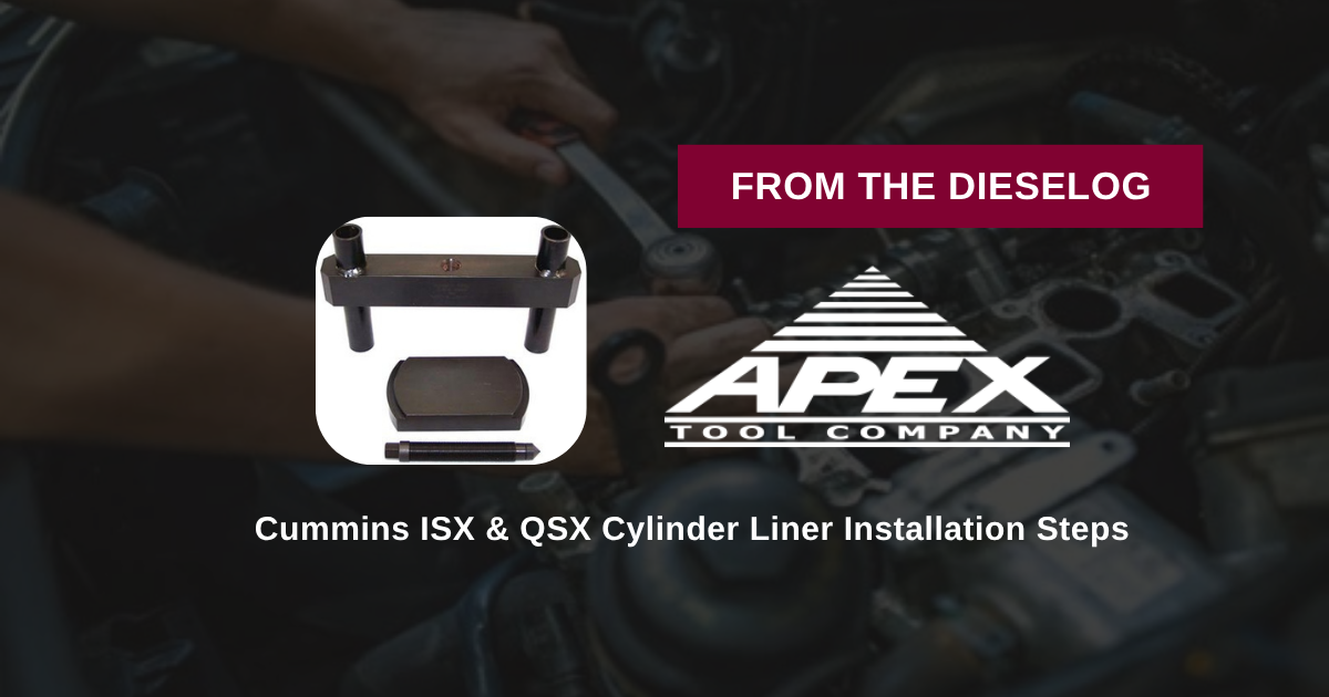 Step-by-step close up layout of cylinder liner press tool mounted on a Cummins ISX engine block deck